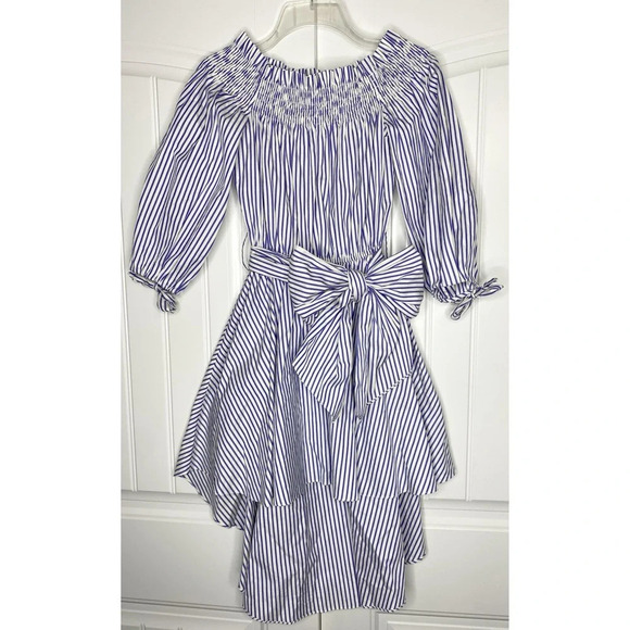 Caroline Constas Blue Stripe Lou Off Shoulder Dress Small Bow Tie Waist High Low - Picture 2 of 8